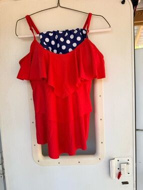 Red Ruffle Tiered Women’s Tank Top with Polka Dot Lining